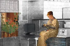 Photo montage: A woman knits treads coming out of a computer. 