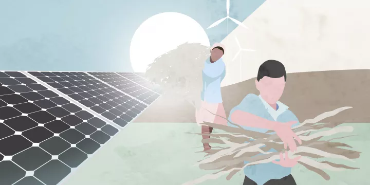 People harvesting with solar panels in background. Illustration.