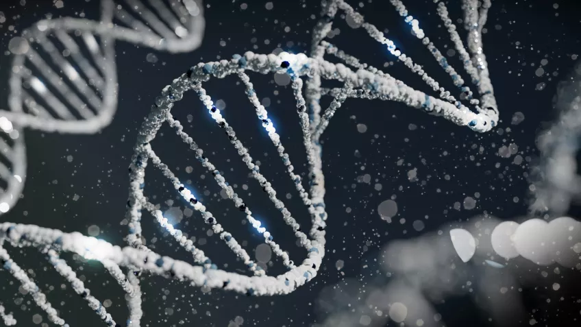 Digital image of light grey DNA-strings on dark grey background with blurred particles. Photo.
