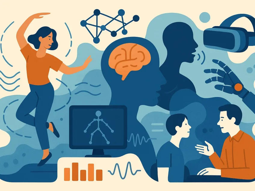 Graphic drawing of people moving, instruments and brains. 
