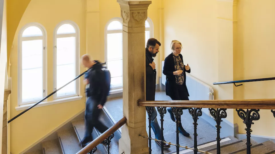  Three persons walking in stairs at the Pufendorf IAS. Foto