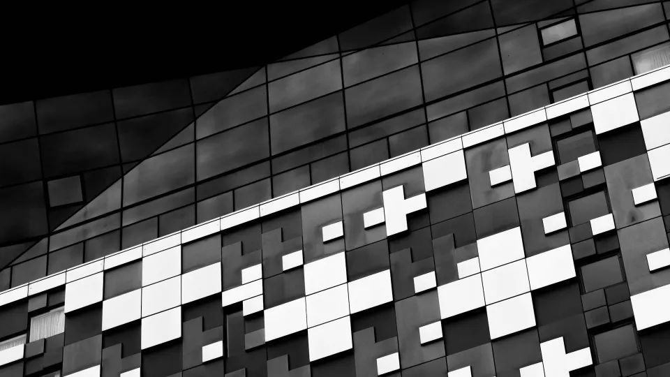 Svart/vitt foto: Mörk fasad med många vita detaljer formade som plustecken.