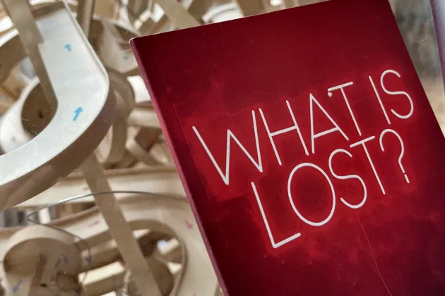 What is lost.jpg A red book in front of a wooden maze. Photo.