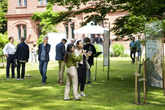 Folksamling som tittar på konst på en gräsmatta. Foto. 